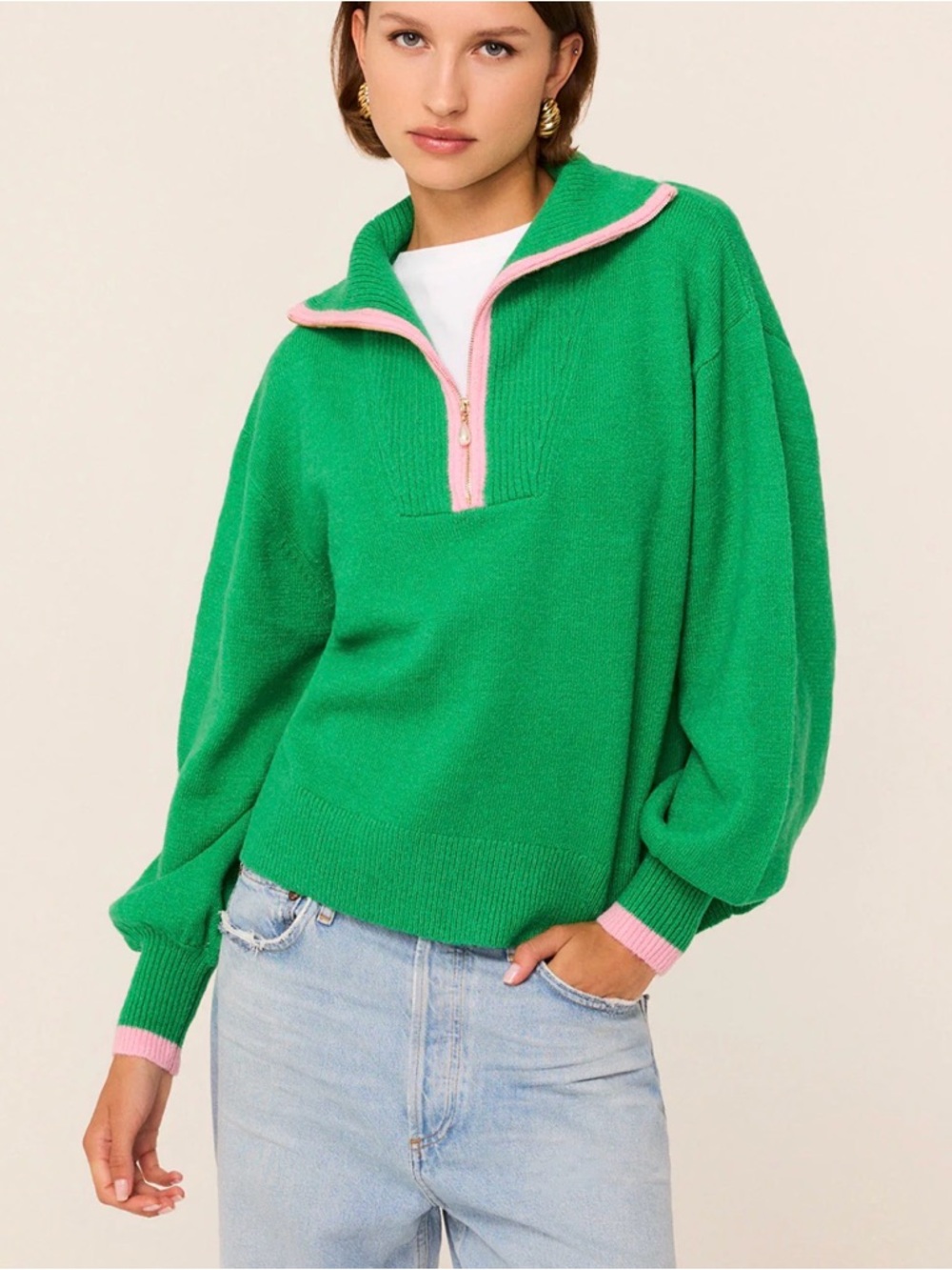 Green Cowl Half‑Zip Sweater with Pink Trim